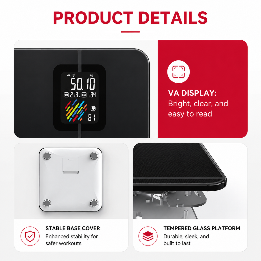 Premium Smart Body Fat Scale VA Display 15 Metrics Bluetooth Offline Mode 400 lb Capacity Heart Rate BMI Tracker Apple Google Fitbit Compatible Health