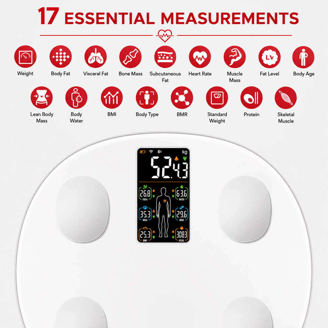 Premium Smart Body Weight Scale Bluetooth Digital LCD BMI Body Fat Muscle Mass Heart Rate Smart Fitness Tracker 180kg Capacity App Sync Multi User Scale
