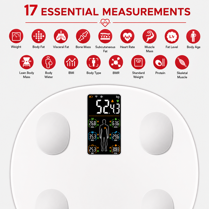Premium Smart Body Weight Scale Bluetooth Digital LCD BMI Body Fat Muscle Mass Heart Rate Smart Fitness Tracker 180kg Capacity App Sync Multi User Scale