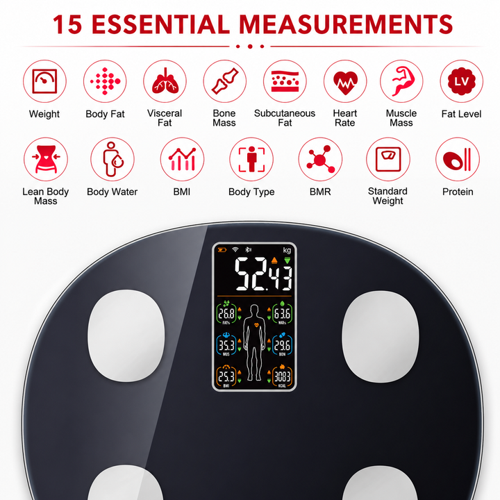 Premium Smart Body Weight Scale Bluetooth Digital LCD BMI Body Fat Muscle Mass Heart Rate Smart Fitness Tracker 180kg Capacity App Sync Multi User Scale