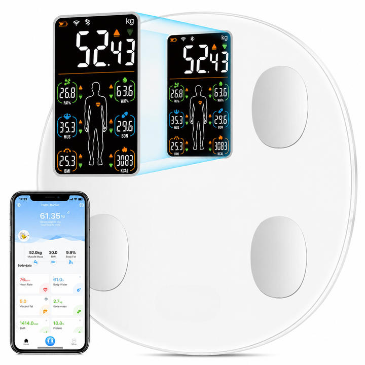 Premium Smart Body Weight Scale Bluetooth Digital LCD BMI Body Fat Muscle Mass Heart Rate Smart Fitness Tracker 180kg Capacity App Sync Multi User Scale
