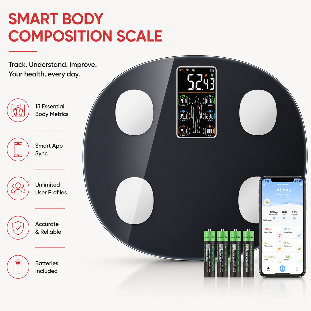 Premium Smart Body Weight Scale Bluetooth Digital LCD BMI Body Fat Muscle Mass Heart Rate Smart Fitness Tracker 180kg Capacity App Sync Multi User Scale
