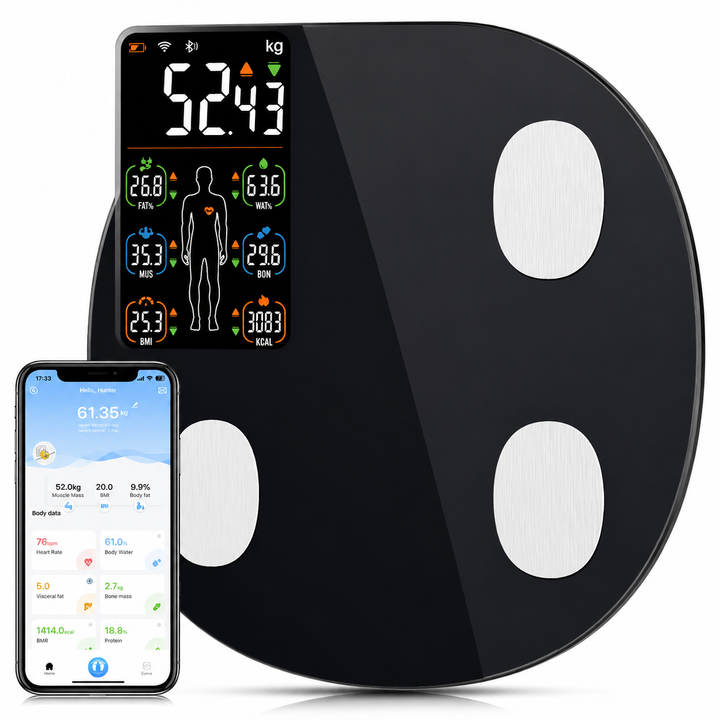 Premium Smart Body Weight Scale Bluetooth Digital LCD BMI Body Fat Muscle Mass Heart Rate Smart Fitness Tracker 180kg Capacity App Sync Multi User Scale