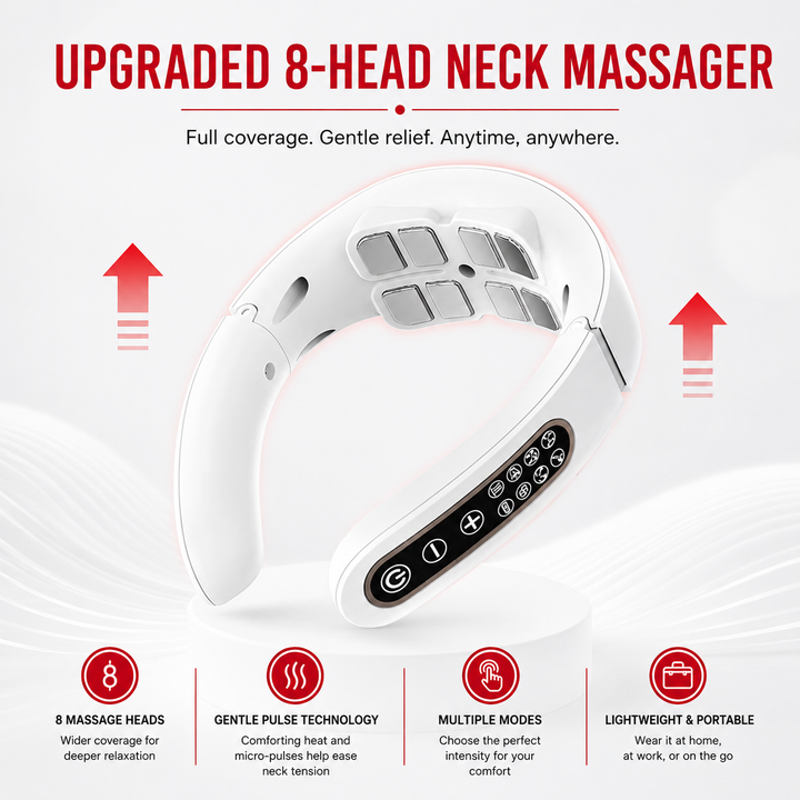 Premium Smart Cervical Neck Massager with Heat 8 Heads 15 Levels 6 Modes Wireless Neck Pain Relief Device Pulse Vibration Therapy Muscle Relaxation Portable Use