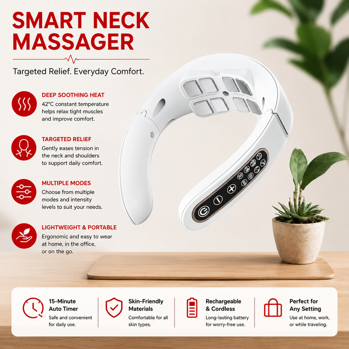 Premium Smart Cervical Neck Massager with Heat 8 Heads 15 Levels 6 Modes Wireless Neck Pain Relief Device Pulse Vibration Therapy Muscle Relaxation Portable Use