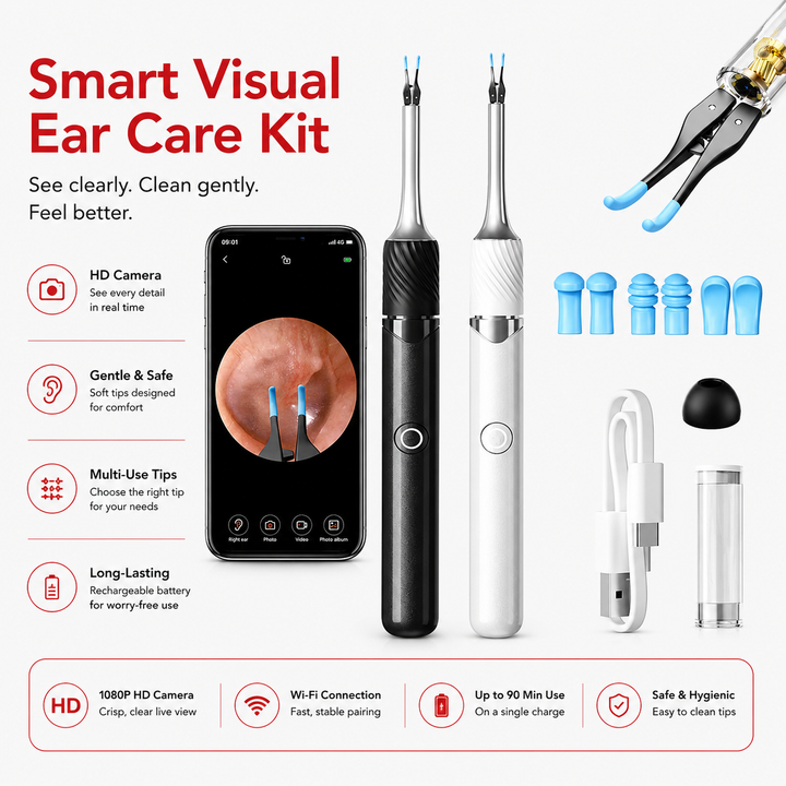 Premium Smart Ear Wax Removal Tool with Camera 12MP HD WiFi Otoscope LED Ear Cleaner for iPhone Android 3 in 1 Silicone Ear Pick Tweezers Kit