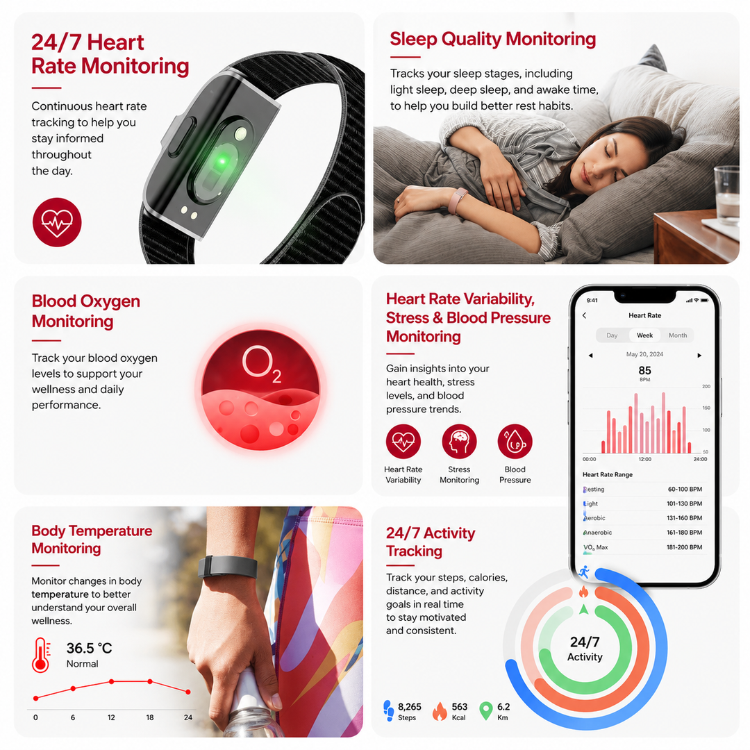 Premium Smart Fitness Tracker Bracelet Heart Rate Blood Pressure Monitor Pedometer Activity Tracker Sport Watch Men Women Bluetooth Health Smart Band