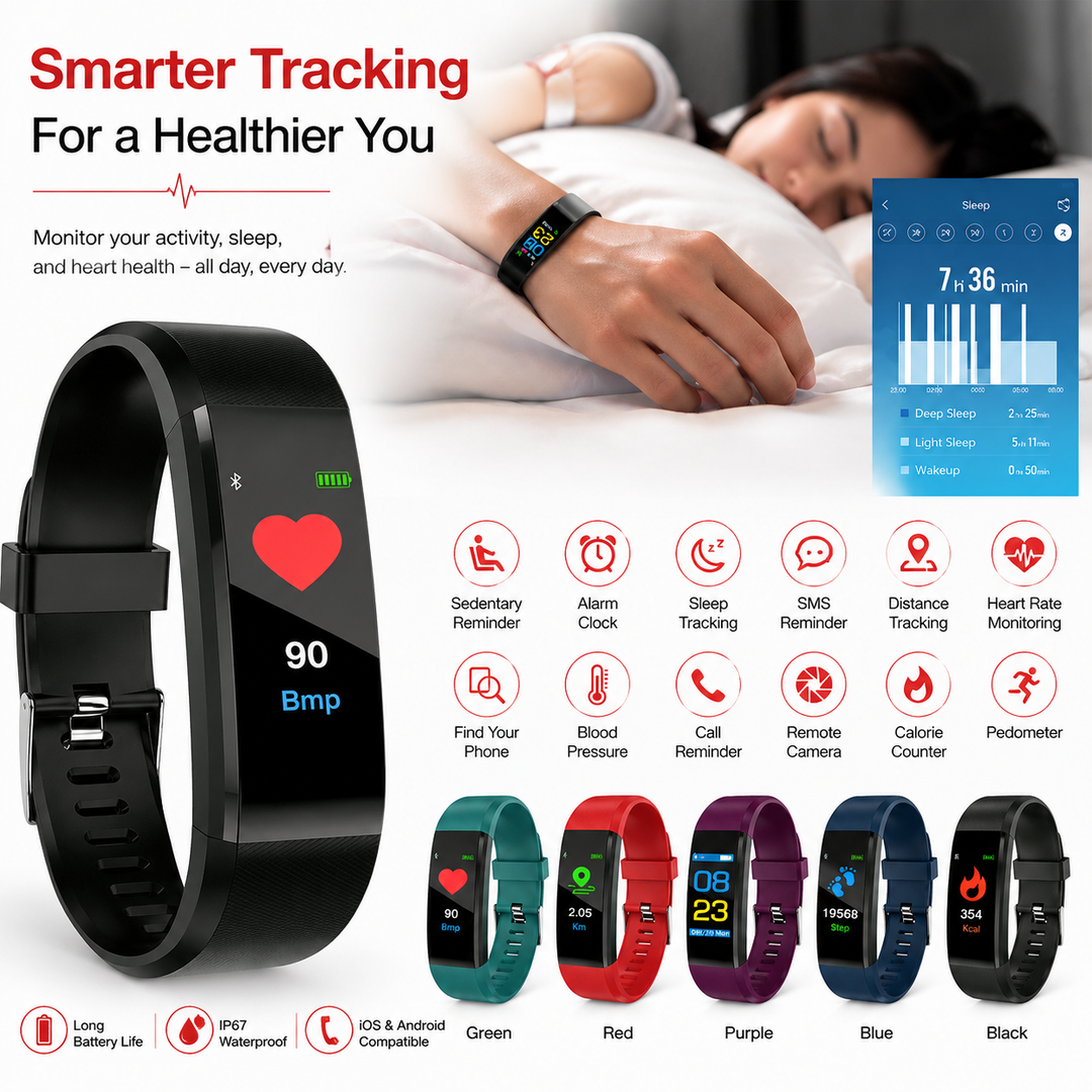 Premium Smart Fitness Tracker Heart Rate Blood Pressure Monitor Activity Sleep Tracker Bluetooth IPX7 Waterproof Call SMS Alert Wearable Watch