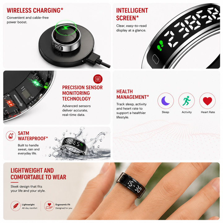 Premium Smart Health Ring Heart Rate SpO2 Sleep Stress Tracker OLED Display Fitness Ring 5ATM Waterproof Wireless Charging Activity Monitoring Ring