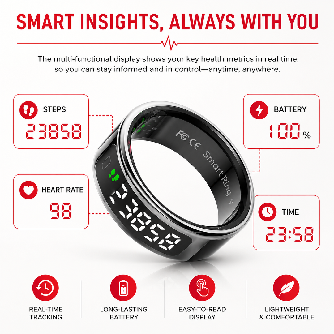Premium Smart Health Ring Heart Rate SpO2 Sleep Stress Tracker OLED Display Fitness Ring 5ATM Waterproof Wireless Charging Activity Monitoring Ring