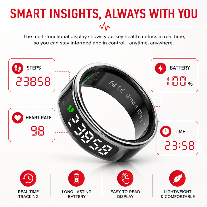 Premium Smart Health Ring Heart Rate SpO2 Sleep Stress Tracker OLED Display Fitness Ring 5ATM Waterproof Wireless Charging Activity Monitoring Ring