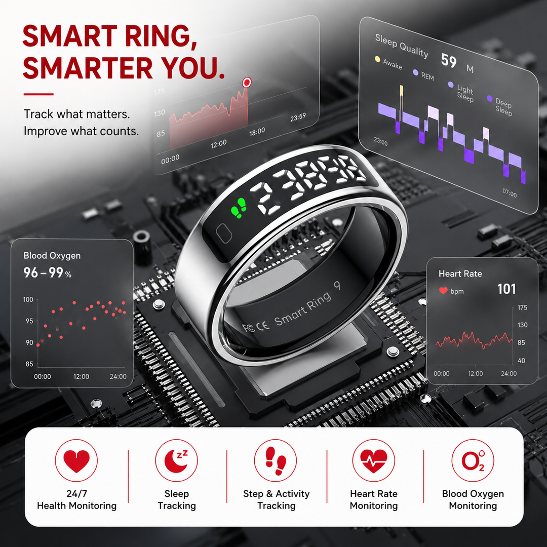 Premium Smart Health Ring Heart Rate SpO2 Sleep Stress Tracker OLED Display Fitness Ring 5ATM Waterproof Wireless Charging Activity Monitoring Ring