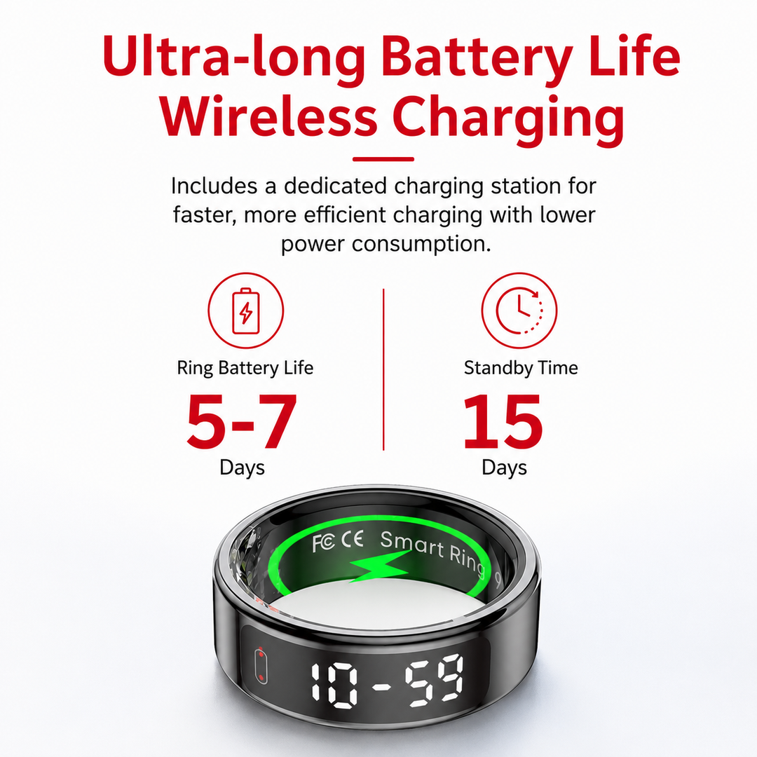 Premium Smart Health Ring Heart Rate SpO2 Sleep Stress Tracker OLED Display Fitness Ring 5ATM Waterproof Wireless Charging Activity Monitoring Ring