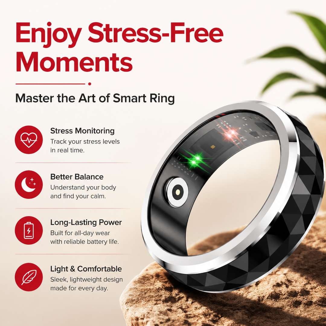 Premium Smart Health Tracking Ring Spinner Anxiety Relief Heart Rate Sleep Monitor 60 Day Battery App Sync Magnetic Charging Case Wellness Ring