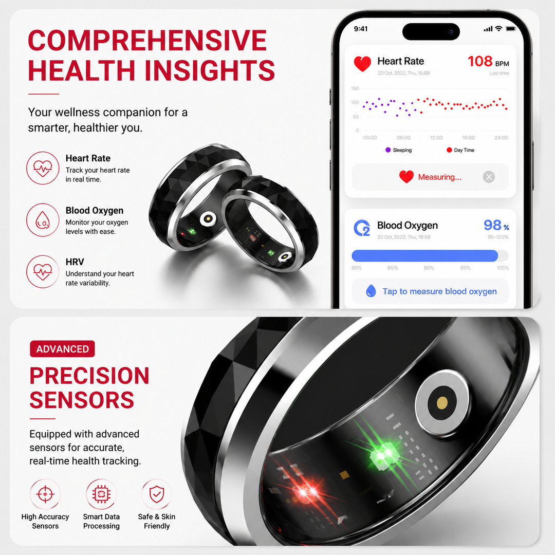 Premium Smart Health Tracking Ring Spinner Anxiety Relief Heart Rate Sleep Monitor 60 Day Battery App Sync Magnetic Charging Case Wellness Ring