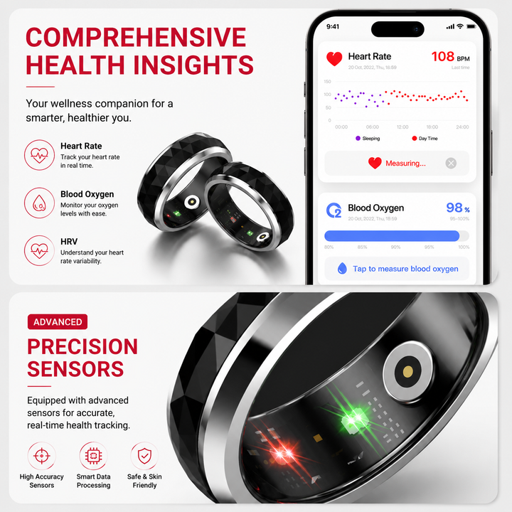 Premium Smart Health Tracking Ring Spinner Anxiety Relief Heart Rate Sleep Monitor 60 Day Battery App Sync Magnetic Charging Case Wellness Ring