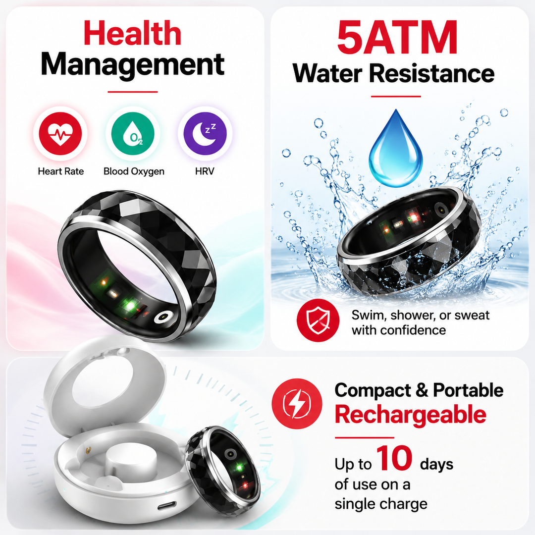 Premium Smart Health Tracking Ring Spinner Anxiety Relief Heart Rate Sleep Monitor 60 Day Battery App Sync Magnetic Charging Case Wellness Ring