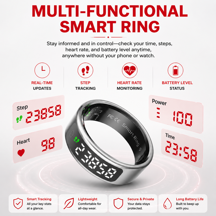 Premium Smart Ring Touch Display Activity Tracker Wireless Charging 5ATM Waterproof Stainless Steel Smart Fitness Sleep Monitor Ring Men Women