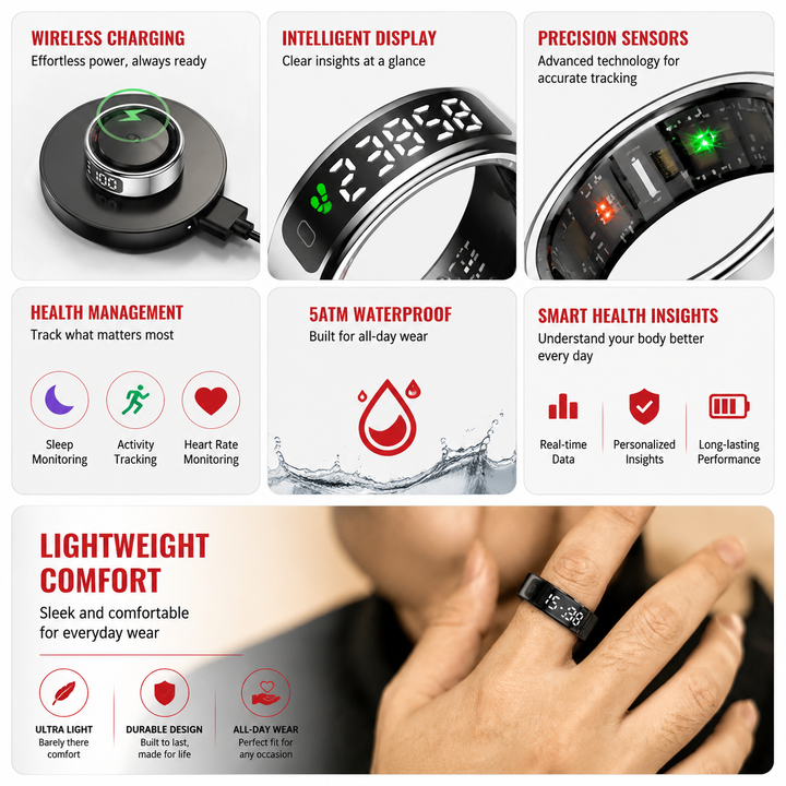 Premium Smart Ring Touch Display Activity Tracker Wireless Charging 5ATM Waterproof Stainless Steel Smart Fitness Sleep Monitor Ring Men Women