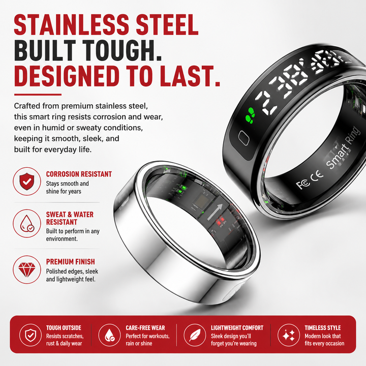 Premium Smart Ring Touch Display Activity Tracker Wireless Charging 5ATM Waterproof Stainless Steel Smart Fitness Sleep Monitor Ring Men Women