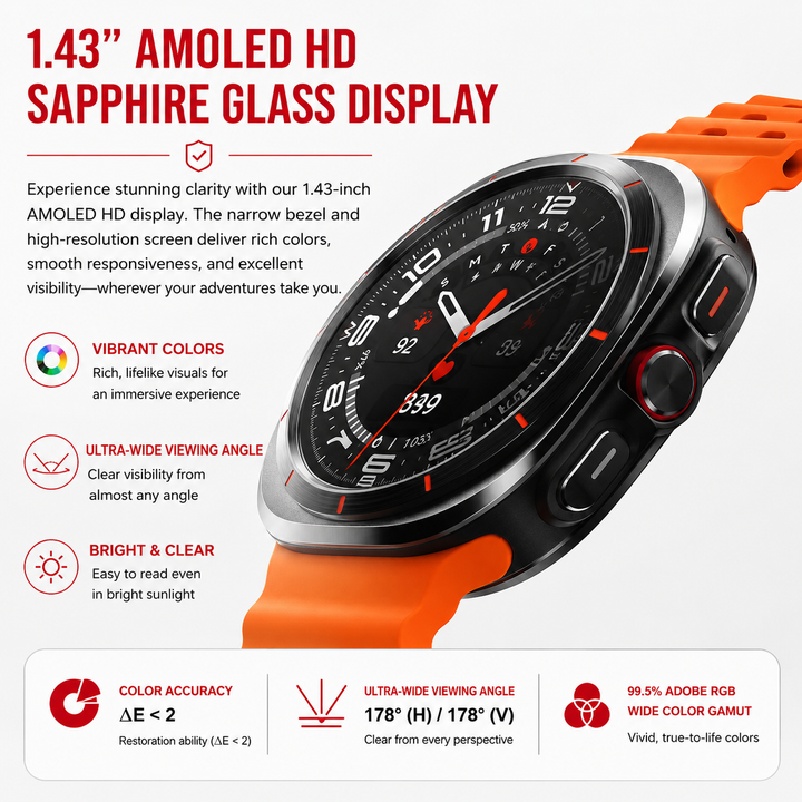 Premium Smartwatch 1.43" AMOLED Display Bluetooth Calling IP68 Waterproof Fitness Tracker Heart Rate SpO2 NFC Multi Sport Modes Compass Voice Assistant Smart Watch Men Women