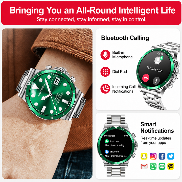 Premium Smartwatch 1.96" Curved AMOLED Bluetooth Calling Fitness Tracker Sports Modes IP68 Waterproof Health Monitoring AI Voice Assistant Android iOS Compatible Watch Daily Use