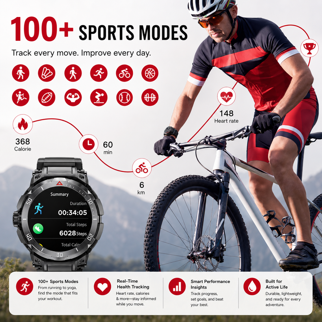 Premium Smartwatch AMOLED Display GPS Fitness Tracker 5ATM Water Resistant Bluetooth Calling 100+ Sports Modes AI Voice Assistant Wireless Charging