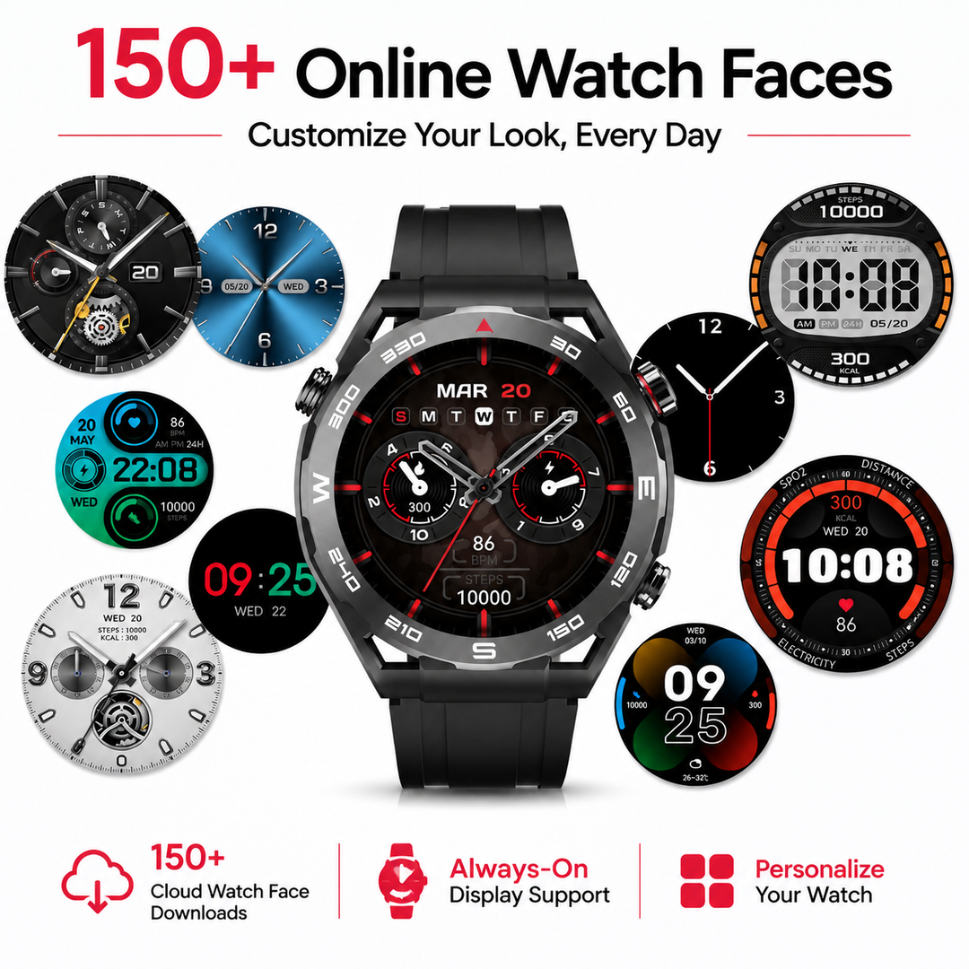 Premium Smartwatch AMOLED Display GPS Fitness Tracker 5ATM Water Resistant Bluetooth Calling 100+ Sports Modes AI Voice Assistant Wireless Charging