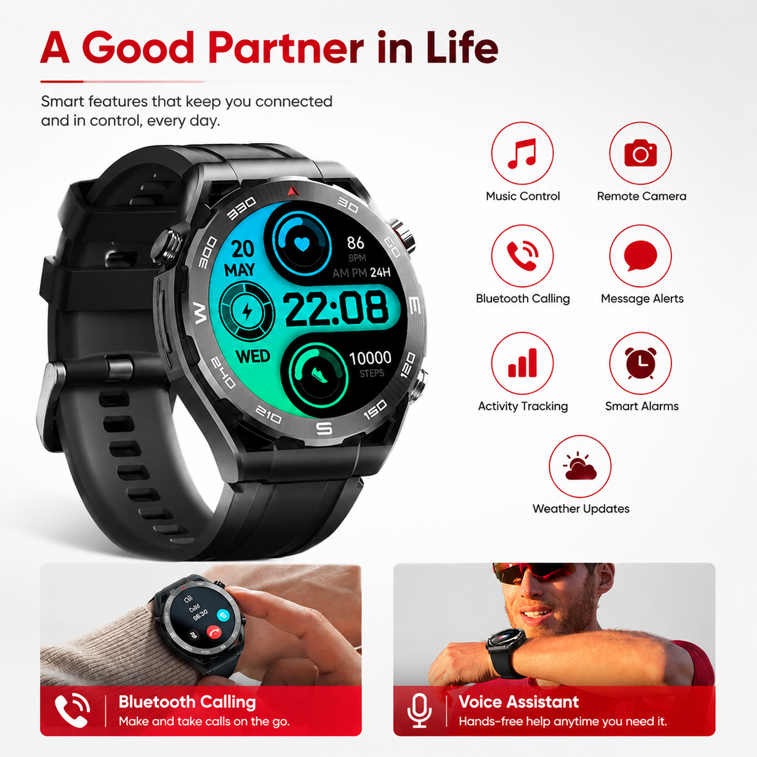 Premium Smartwatch AMOLED Display GPS Fitness Tracker 5ATM Water Resistant Bluetooth Calling 100+ Sports Modes AI Voice Assistant Wireless Charging
