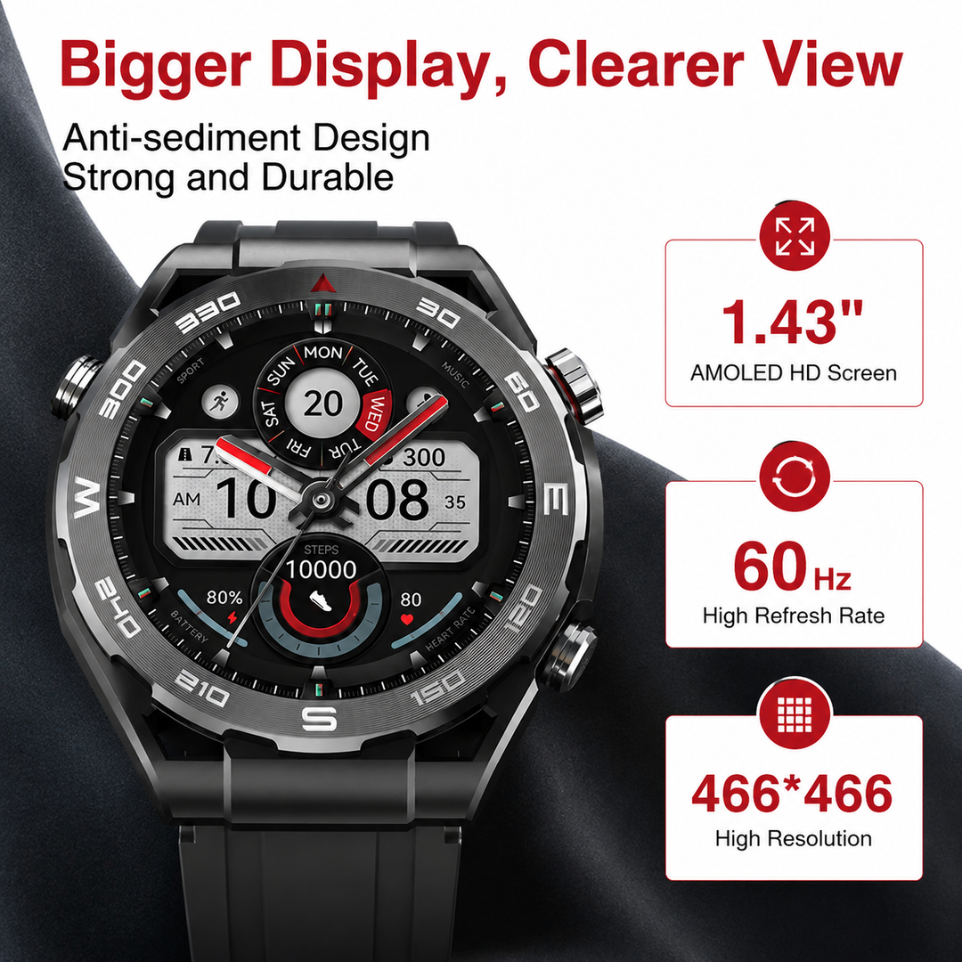 Premium Smartwatch AMOLED Display GPS Fitness Tracker 5ATM Water Resistant Bluetooth Calling 100+ Sports Modes AI Voice Assistant Wireless Charging