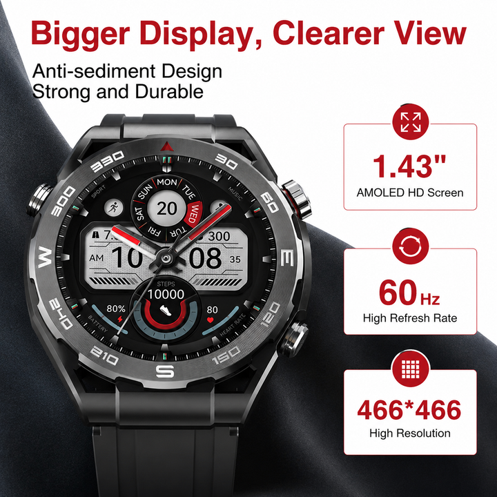 Premium Smartwatch AMOLED Display GPS Fitness Tracker 5ATM Water Resistant Bluetooth Calling 100+ Sports Modes AI Voice Assistant Wireless Charging