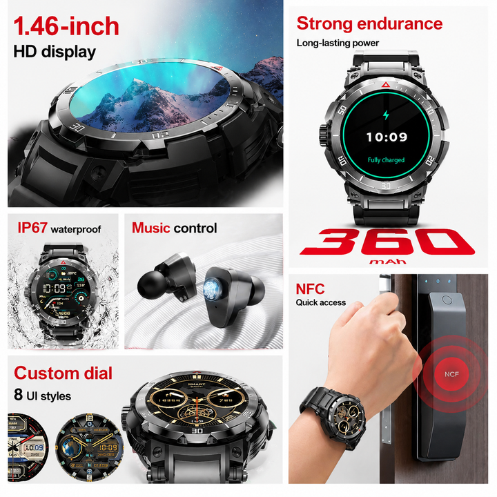 Premium Smartwatch NFC Bluetooth TWS Headset Fitness Tracker Sports Modes Sleep Monitor Camera Control Music Control Waterproof Android iOS Smart Watch