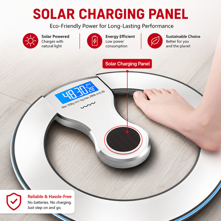 Premium Solar Digital Body Weight Scale Smart Bathroom Scale Body Fat Monitor Bioimpedance Analysis BMI Tracker App Sync Health Metrics Monitor