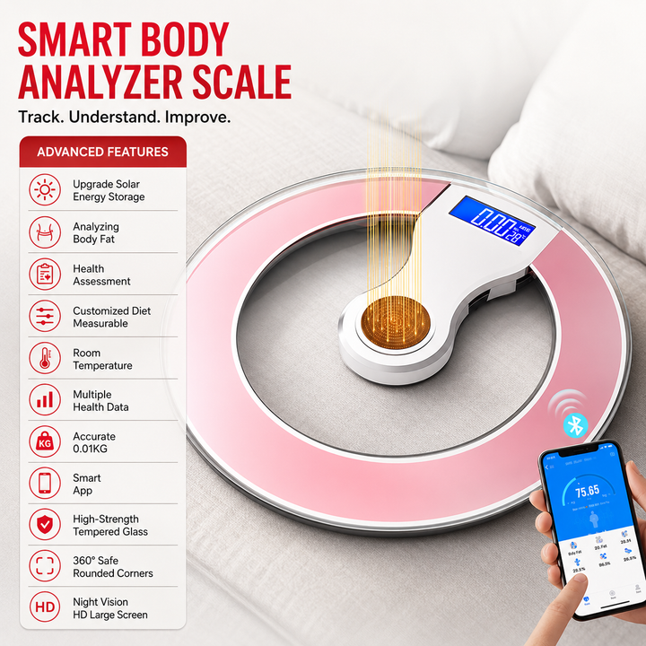 Premium Solar Digital Body Weight Scale Smart Bathroom Scale Body Fat Monitor Bioimpedance Analysis BMI Tracker App Sync Health Metrics Monitor
