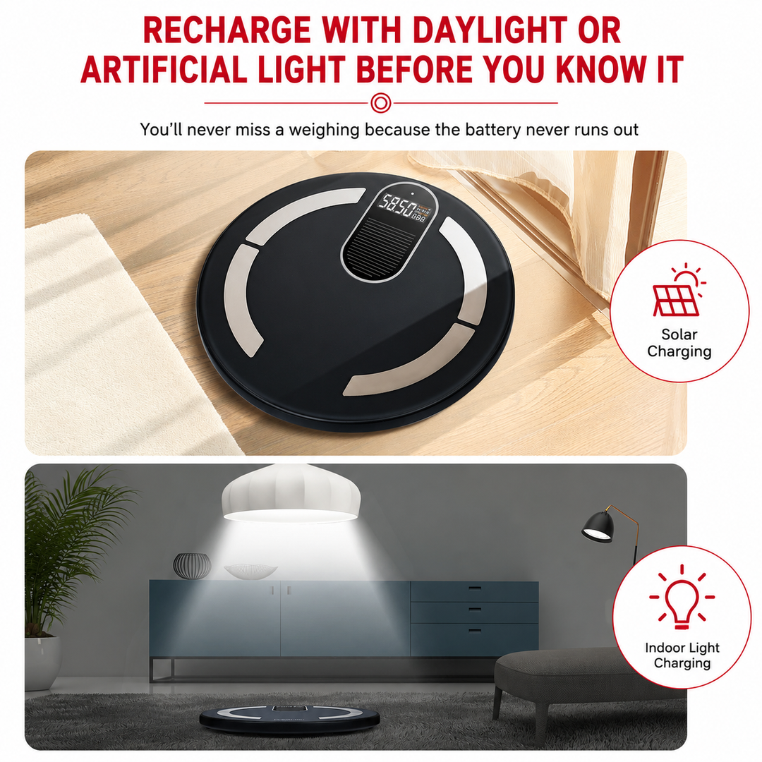 Premium Solar Digital Body Weight Scale Smart Bathroom Scale Body Fat Monitor Bioimpedance Analysis BMI Tracker App Sync Health Metrics Monitor