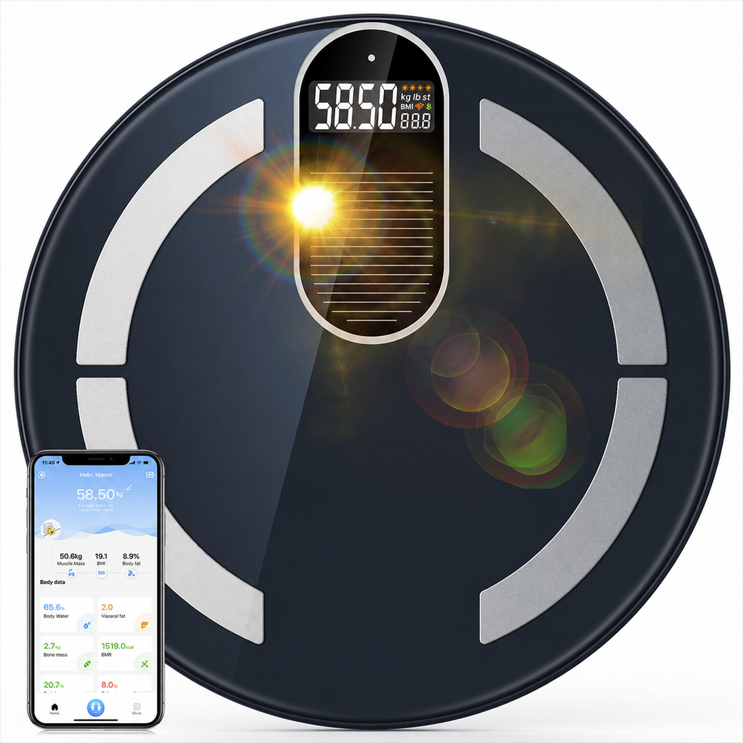 Premium Solar Digital Body Weight Scale Smart Bathroom Scale Body Fat Monitor Bioimpedance Analysis BMI Tracker App Sync Health Metrics Monitor