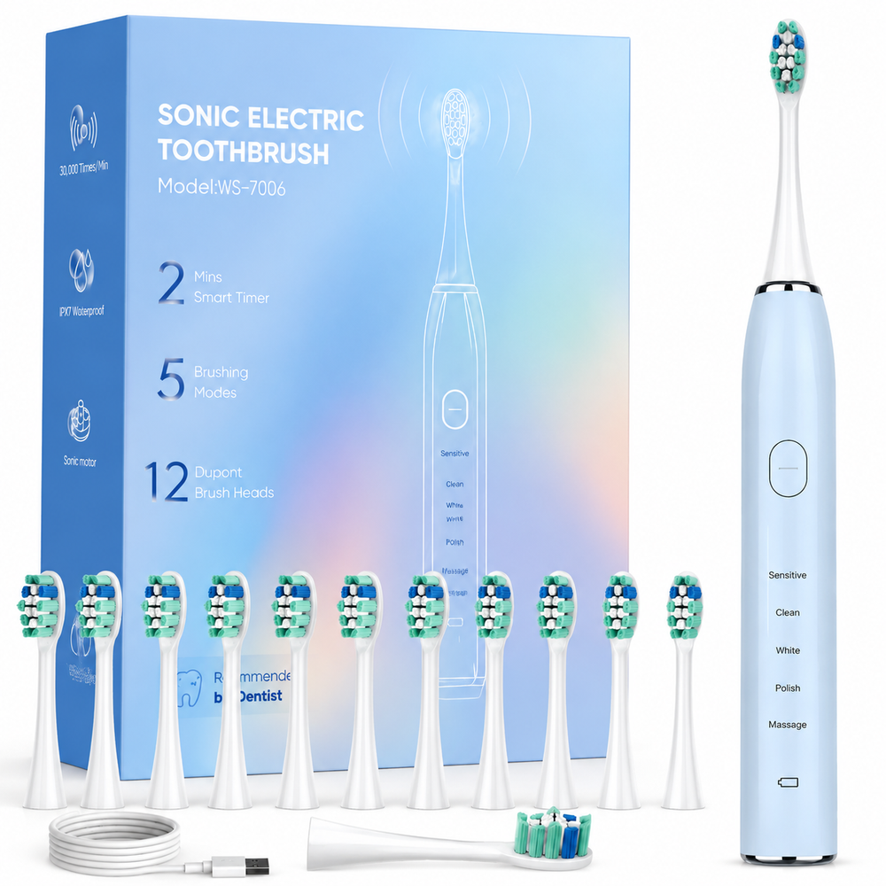 Premium Sonic Electric Toothbrush 37200 VPM Deep Clean 5 Modes 12 Brush Heads 30 Day Battery IPX7 Waterproof Rechargeable Dental Care Whitening Brush