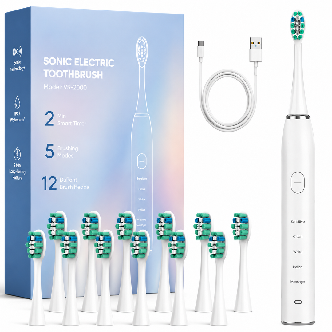 Premium Sonic Electric Toothbrush 37200 VPM Deep Clean 5 Modes 12 Brush Heads 30 Day Battery IPX7 Waterproof Rechargeable Dental Care Whitening Brush