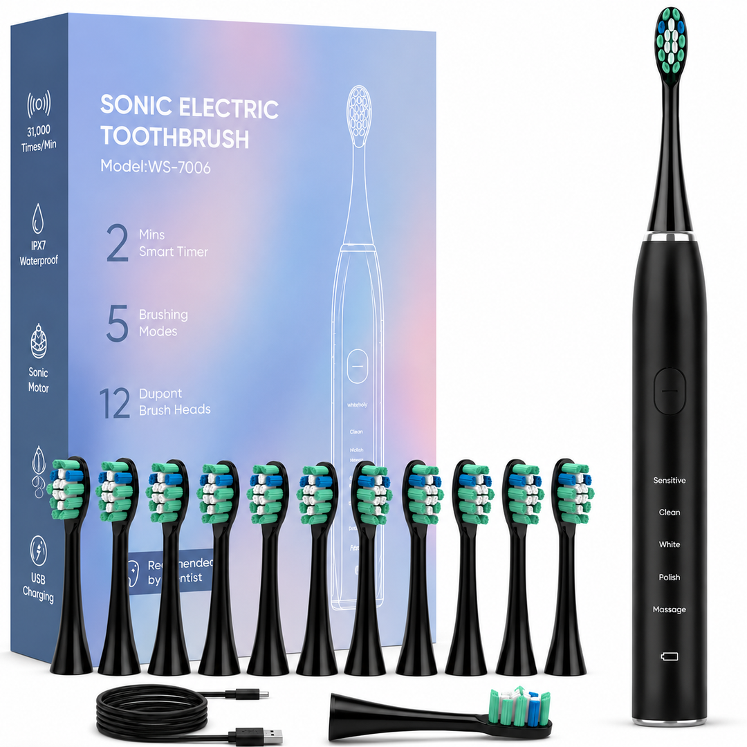 Premium Sonic Electric Toothbrush 37200 VPM Deep Clean 5 Modes 12 Brush Heads 30 Day Battery IPX7 Waterproof Rechargeable Dental Care Whitening Brush