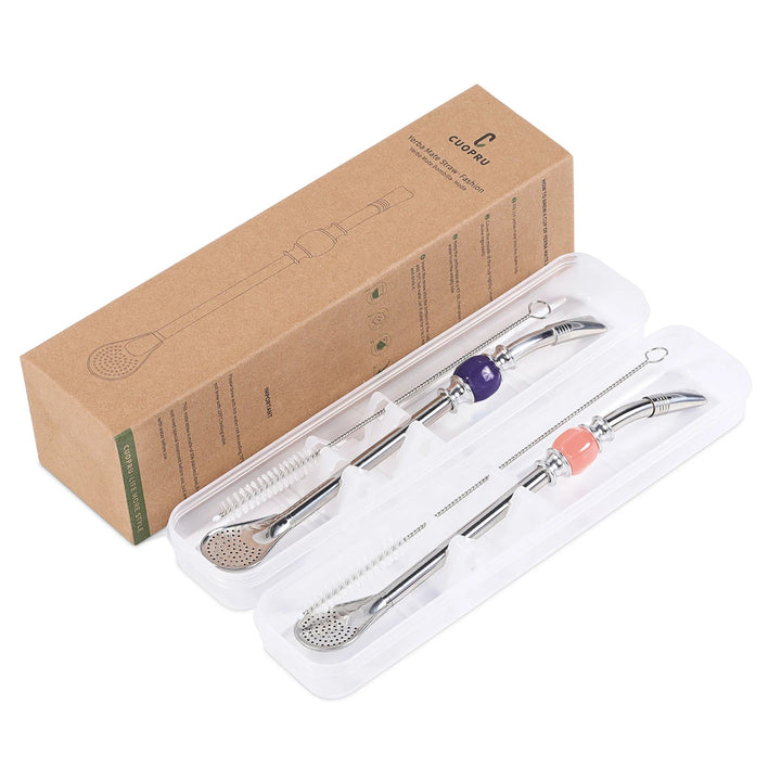 Premium Stainless Steel Bombilla Straw Set Reusable Yerba Mate Filter Straws with Cleaning Brushes Eco Friendly Metal Drinking Straws with Built In Filter Spoon