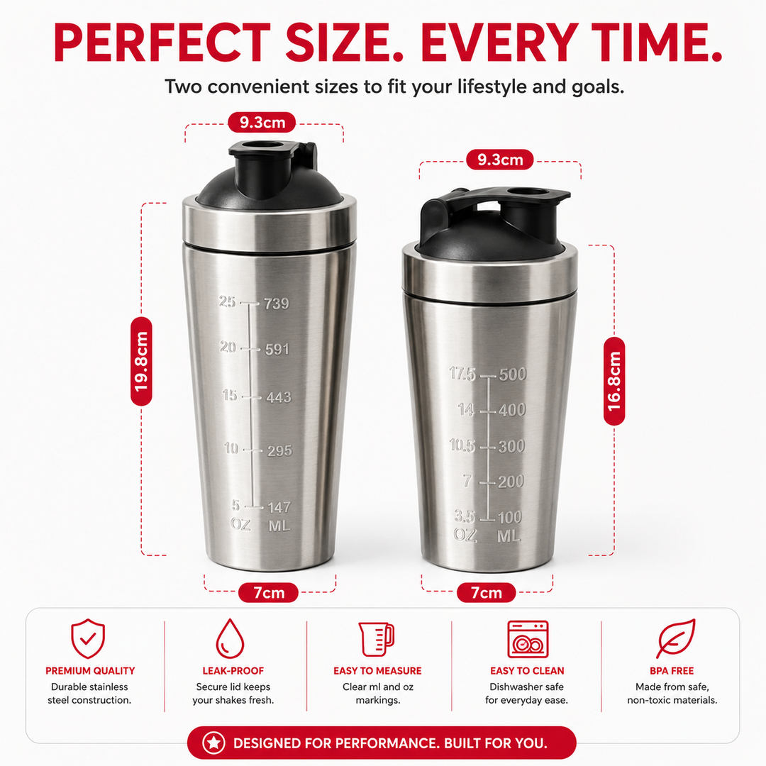 Premium Stainless Steel Shaker Bottle 500ML 750ML Protein Mixer Leak Proof Gym Fitness Cup Steel Ball Smooth Mixing Sports Drink Bottle Portable Daily Use