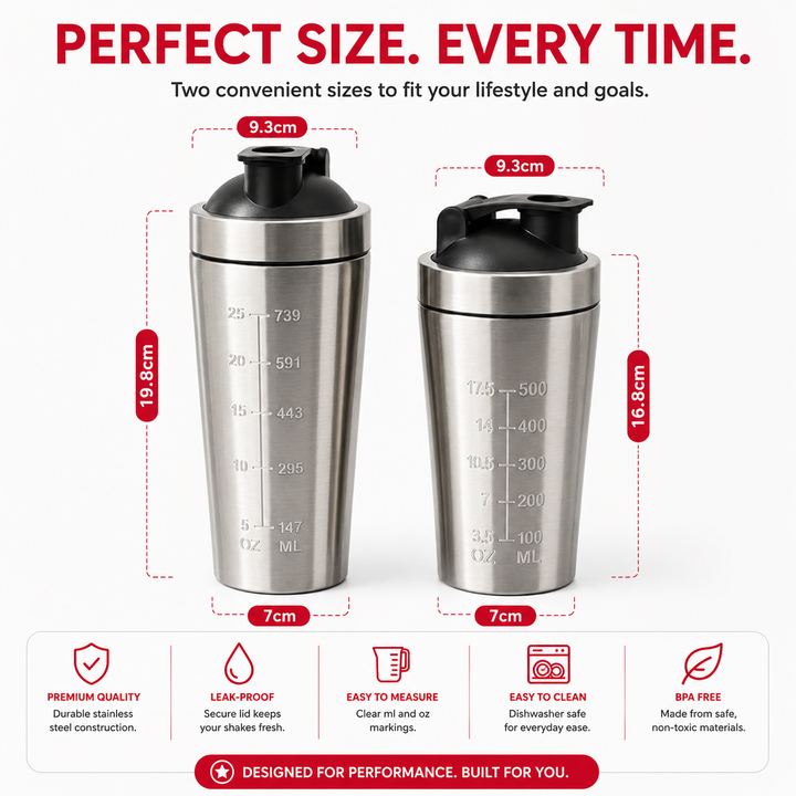 Premium Stainless Steel Shaker Bottle 500ML 750ML Protein Mixer Leak Proof Gym Fitness Cup Steel Ball Smooth Mixing Sports Drink Bottle Portable Daily Use