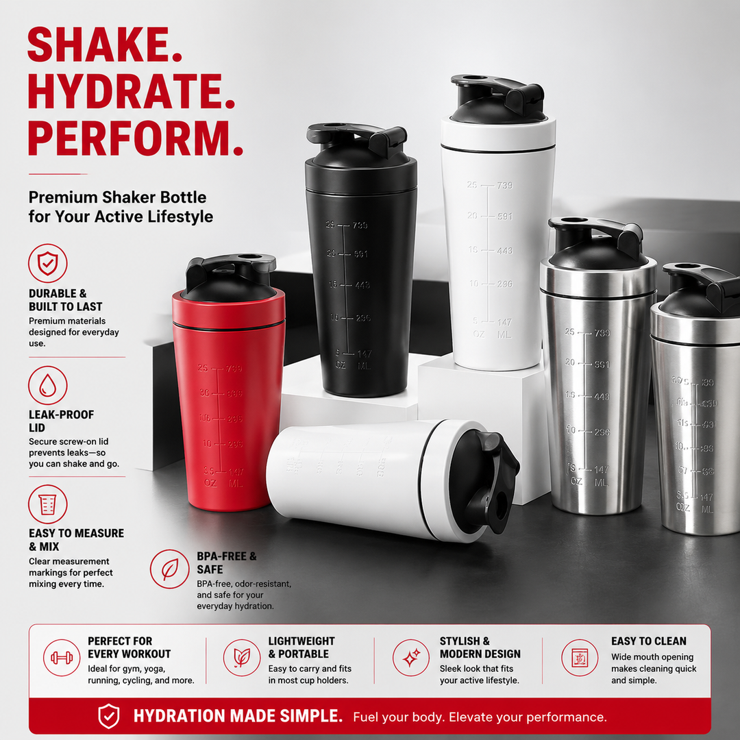 Premium Stainless Steel Shaker Bottle 500ML 750ML Protein Mixer Leak Proof Gym Fitness Cup Steel Ball Smooth Mixing Sports Drink Bottle Portable Daily Use