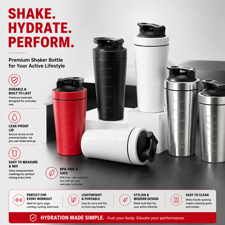 Premium Stainless Steel Shaker Bottle 500ML 750ML Protein Mixer Leak Proof Gym Fitness Cup Steel Ball Smooth Mixing Sports Drink Bottle Portable Daily Use