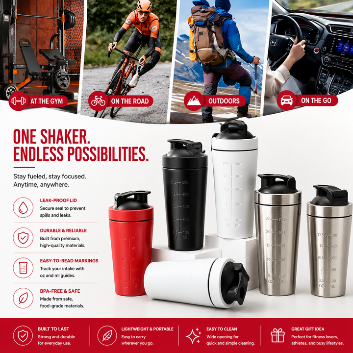 Premium Stainless Steel Shaker Bottle 500ML 750ML Protein Mixer Leak Proof Gym Fitness Cup Steel Ball Smooth Mixing Sports Drink Bottle Portable Daily Use