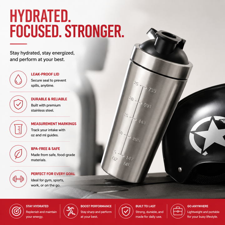 Premium Stainless Steel Shaker Bottle 500ML 750ML Protein Mixer Leak Proof Gym Fitness Cup Steel Ball Smooth Mixing Sports Drink Bottle Portable Daily Use