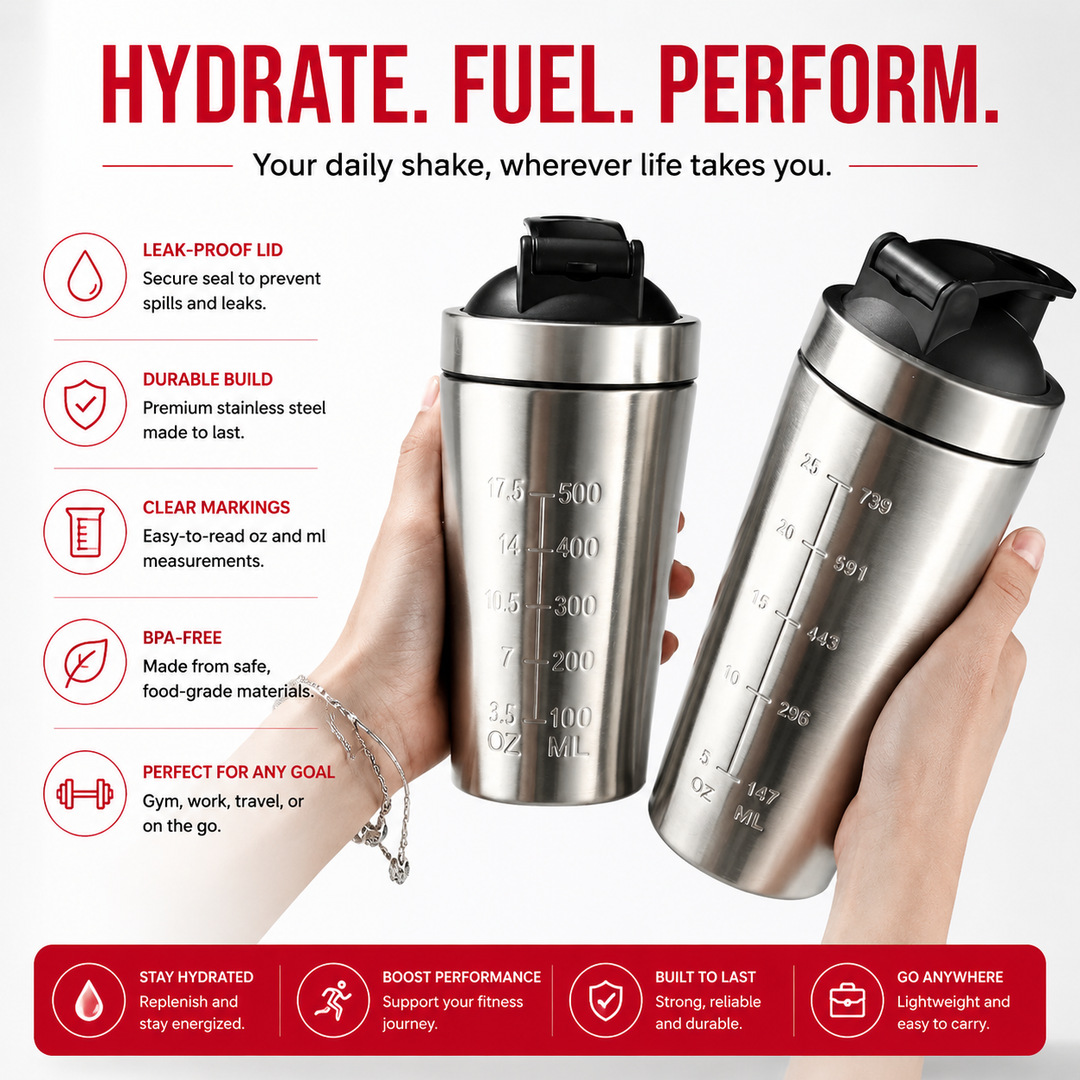 Premium Stainless Steel Shaker Bottle 500ML 750ML Protein Mixer Leak Proof Gym Fitness Cup Steel Ball Smooth Mixing Sports Drink Bottle Portable Daily Use