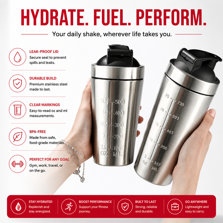 Premium Stainless Steel Shaker Bottle 500ML 750ML Protein Mixer Leak Proof Gym Fitness Cup Steel Ball Smooth Mixing Sports Drink Bottle Portable Daily Use
