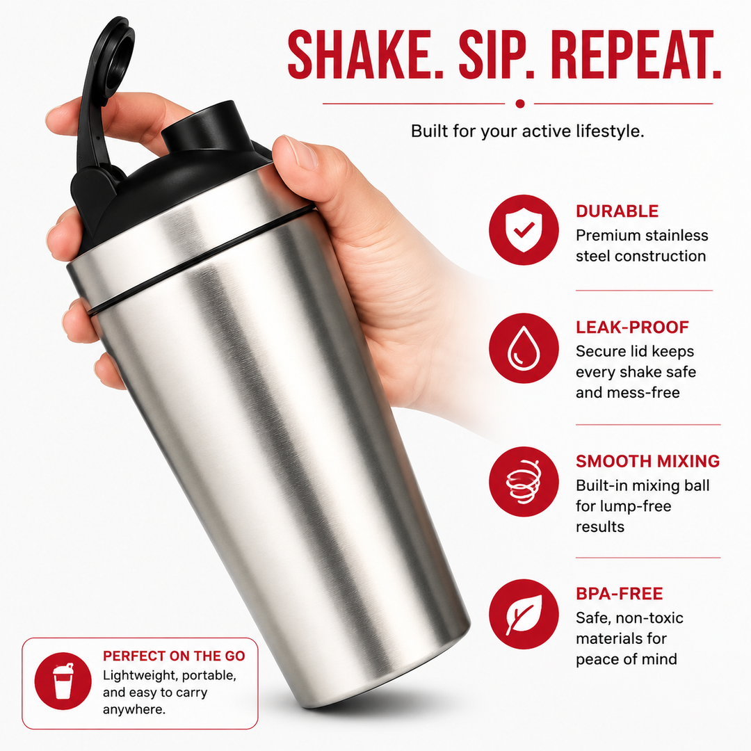 Premium Stainless Steel Shaker Bottle 500ML 750ML Protein Mixer Leak Proof Gym Fitness Cup Steel Ball Smooth Mixing Sports Drink Bottle Portable Daily Use