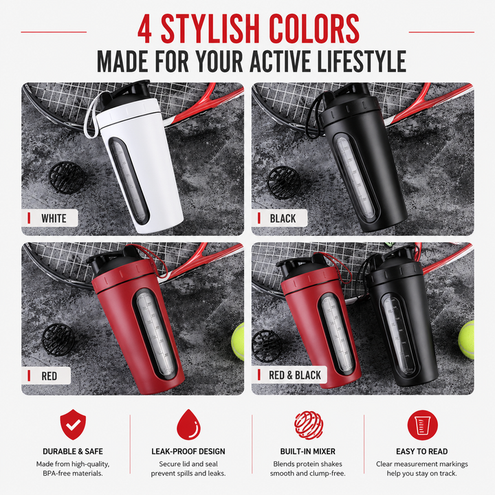 Premium Stainless Steel Shaker Bottle 700ML Protein Mixer Leak Proof Gym Water Bottle with Scale Steel Ball for Smoothies Fitness Travel Outdoor Daily Use
